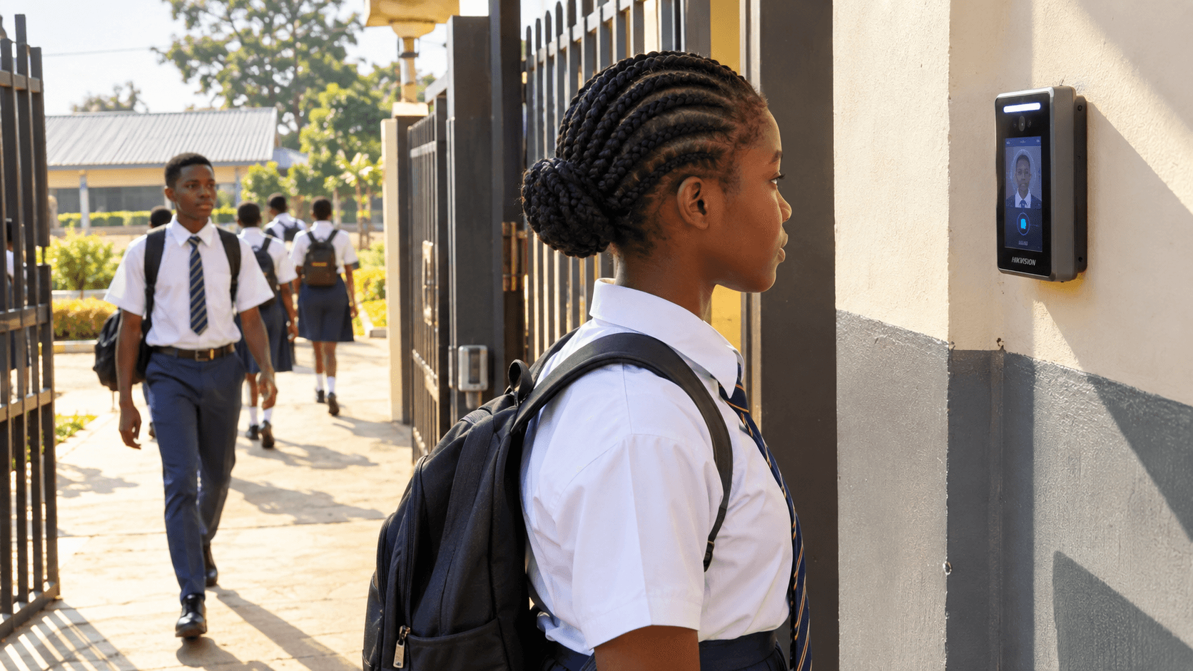 Students arriving at the school gate past a face-recognition terminal